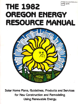 Traditional illustration for the cover of the 1982 Oregon Energy Resource Manual featuring a stylized solar image and four color process production.